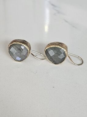 Vintage Designer Faceted Labradorite Drop Earrings with Gold-Trim Setting